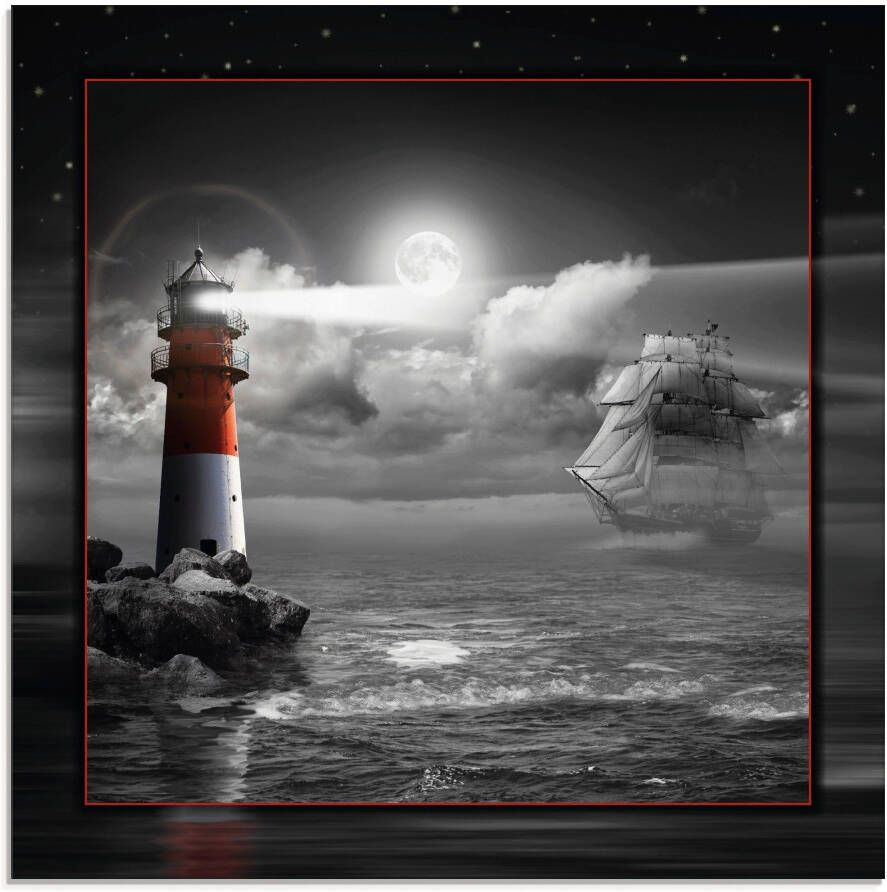 Artland Print op glas Vuurtoren en zeilschip in het maanlicht