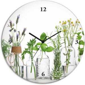 Artland Wandklok Glazen klok rond oliën met kruiden naar keuze met kwarts- of radiografisch uurwerk geluidloos zonder tikkende geluiden