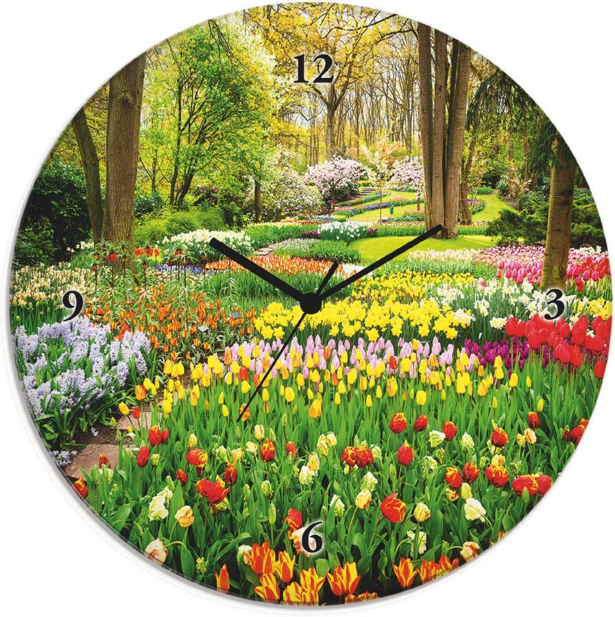 Artland Wandklok Glazen klok rond tulpen tuin voorjaar optioneel verkrijgbaar met kwarts- of radiografisch uurwerk geruisloos zonder tikkend geluid