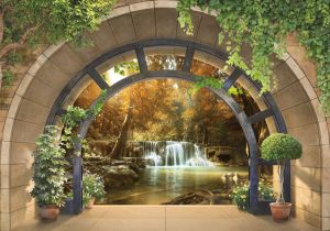 Consalnet Fotobehang 3D-waterval Raam naar het bos voor woonkamer of slaapkamer