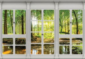 Consalnet Vliesbehang Zonnewoud blik uit het venster verschillend motiefformaten voor het kantoor of woonkamer