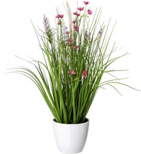 Creativ green Kunstgras Bloemen-grasmix in witte kunststof houder