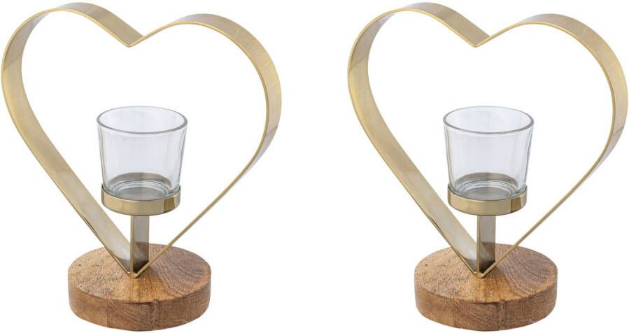 Creativ home Waxinelichthouder Kandelaar hart uit hout roestvrij staal en glas (set 2 stuks)