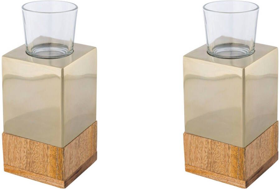 Creativ home Waxinelichthouder Kandelaar Tower uit hout roestvrij staal en glas (set 2 stuks)