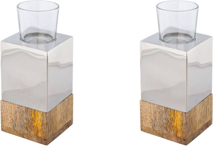 Creativ home Waxinelichthouder Kandelaar Tower uit hout roestvrij staal en glas (set 2 stuks)