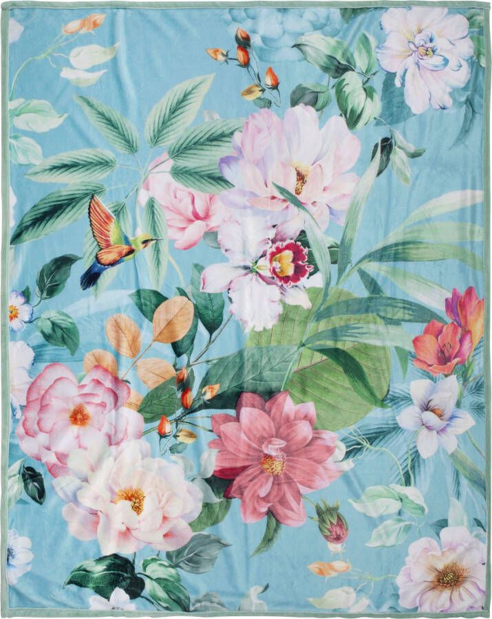 Descanso Plaid Fungi Zeer zacht knuffeldeken 130x160 cm omkeerbaar bloemen groen turquoise