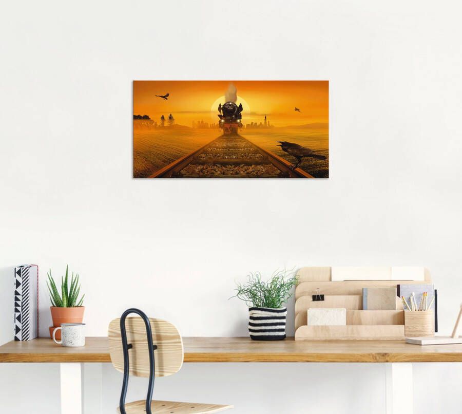 Artland Aluminium dibond print Stoomlocomotief in het avondlicht geschikt voor binnen en buiten buitenafbeelding