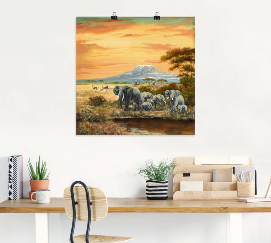 Artland Artprint Afrikaans landschap met olifanten als artprint op linnen poster in verschillende formaten maten