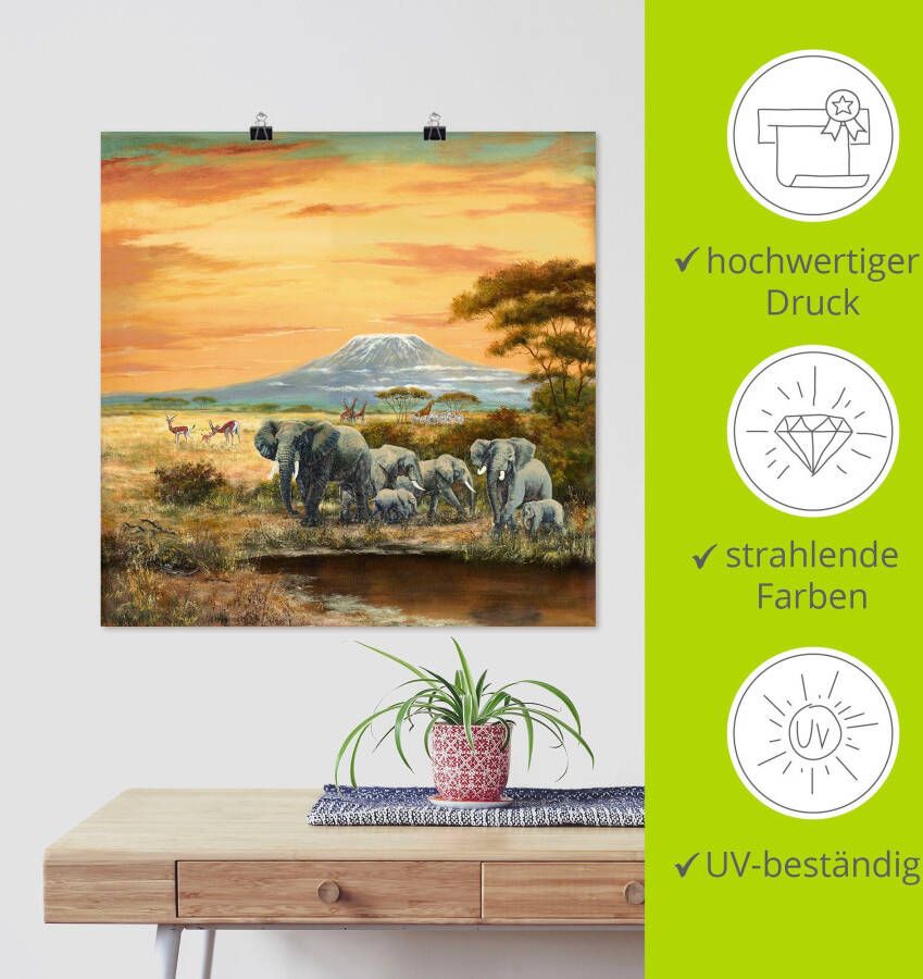 Artland Artprint Afrikaans landschap met olifanten als artprint op linnen poster in verschillende formaten maten