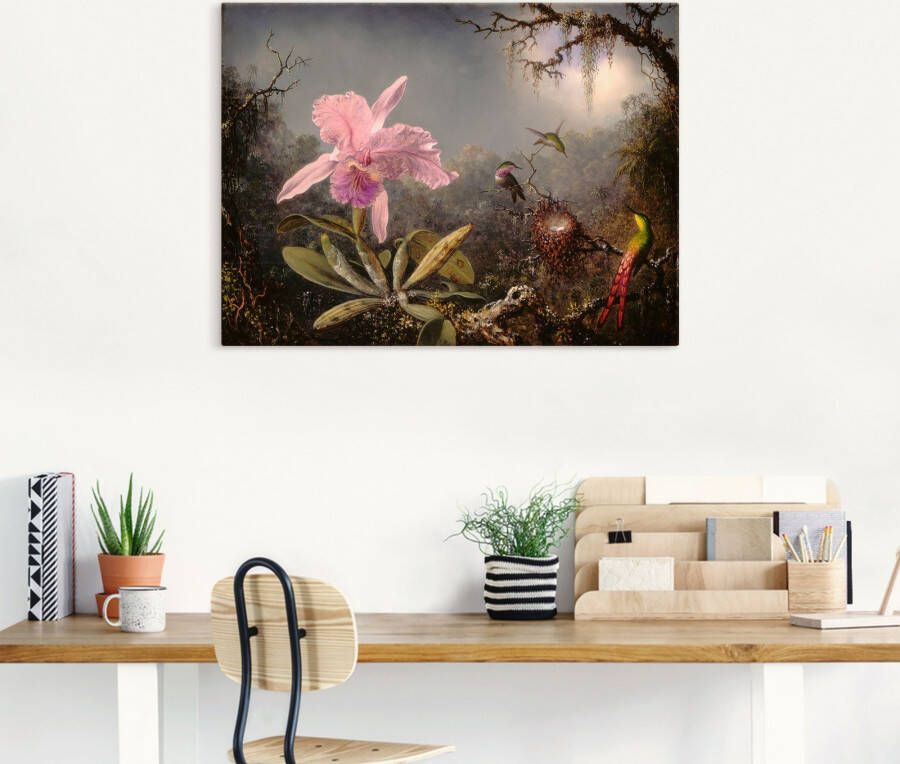 Artland Artprint Cattleya orchidee en drie kolibries. als artprint op linnen poster in verschillende formaten maten