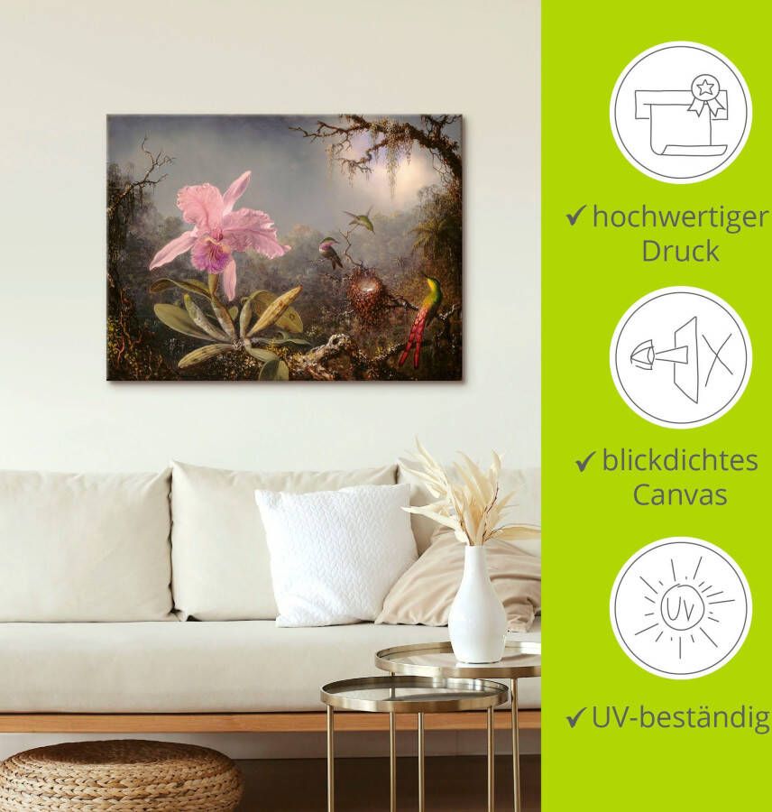 Artland Artprint Cattleya orchidee en drie kolibries. als artprint op linnen poster in verschillende formaten maten