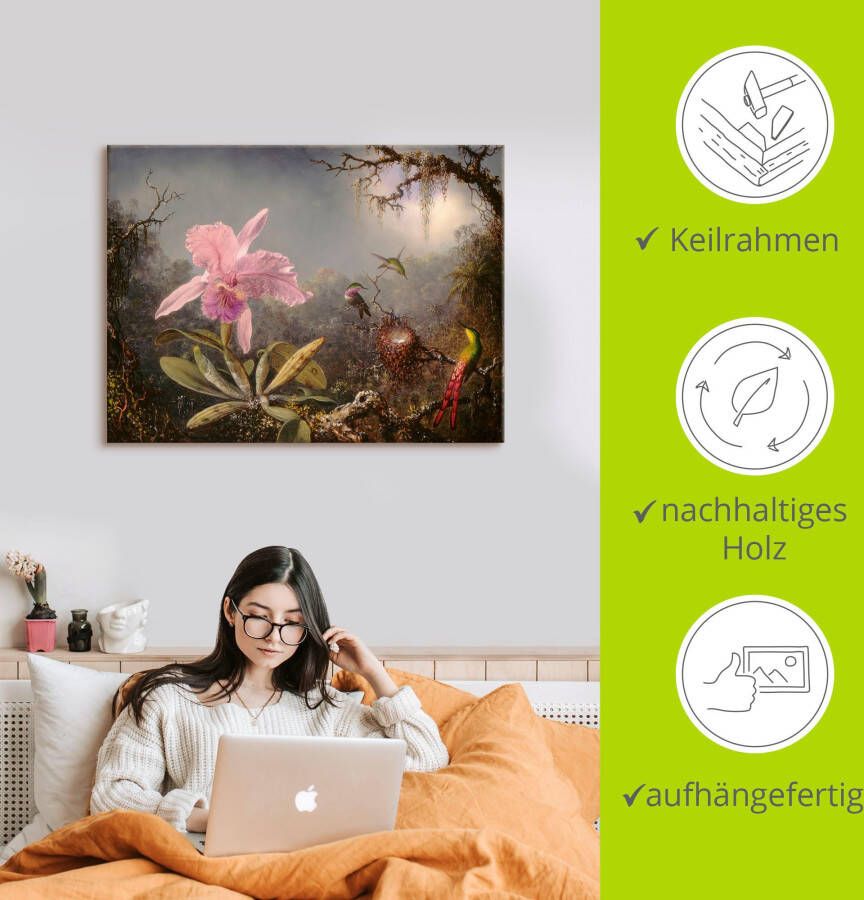 Artland Artprint Cattleya orchidee en drie kolibries. als artprint op linnen poster in verschillende formaten maten