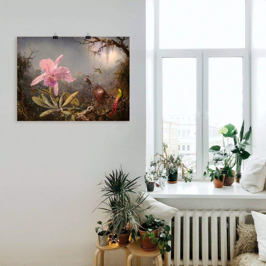 Artland Artprint Cattleya orchidee en drie kolibries. als artprint op linnen poster in verschillende formaten maten