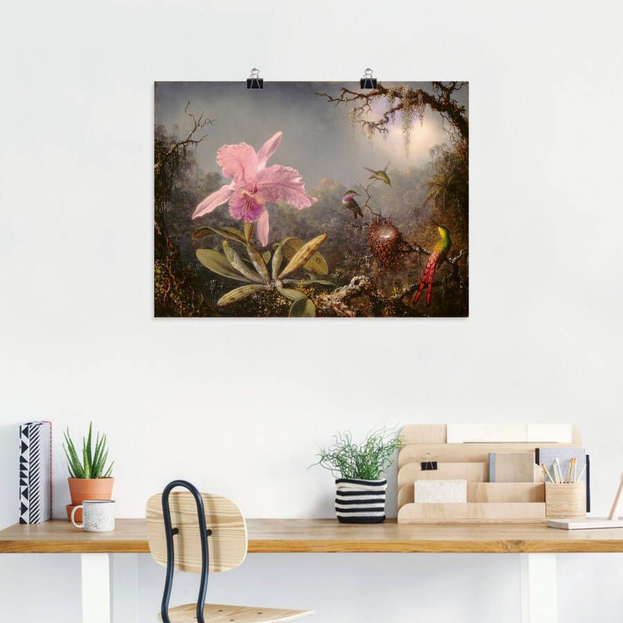 Artland Artprint Cattleya orchidee en drie kolibries. als artprint op linnen poster in verschillende formaten maten