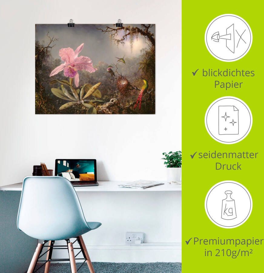 Artland Artprint Cattleya orchidee en drie kolibries. als artprint op linnen poster in verschillende formaten maten