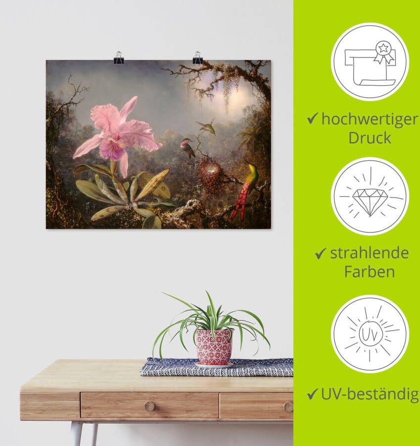 Artland Artprint Cattleya orchidee en drie kolibries. als artprint op linnen poster in verschillende formaten maten