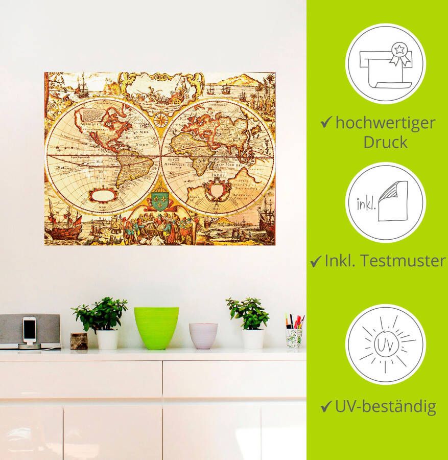 Artland Artprint Antieke wereldkaart als artprint van aluminium artprint voor buiten artprint op linnen poster muursticker