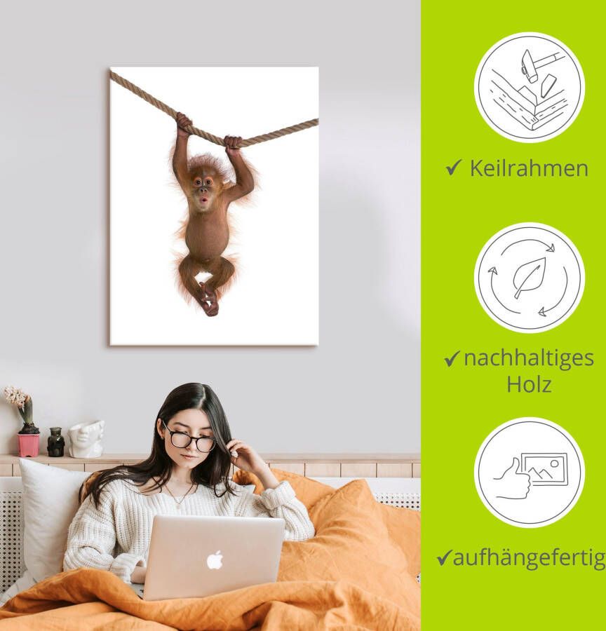 Artland Artprint Baby orang oetan hangt aan het touw II als artprint van aluminium artprint voor buiten artprint op linnen poster muursticker