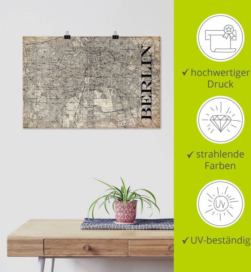 Artland Artprint Berlijn kaart straten kaart Grunge als artprint van aluminium artprint voor buiten artprint op linnen poster in verschillende maten. maten