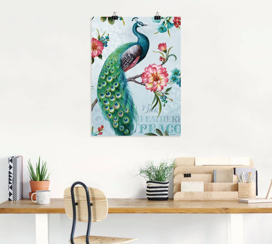 Artland Artprint Blauw gevederde pauw als artprint op linnen poster muursticker in verschillende maten