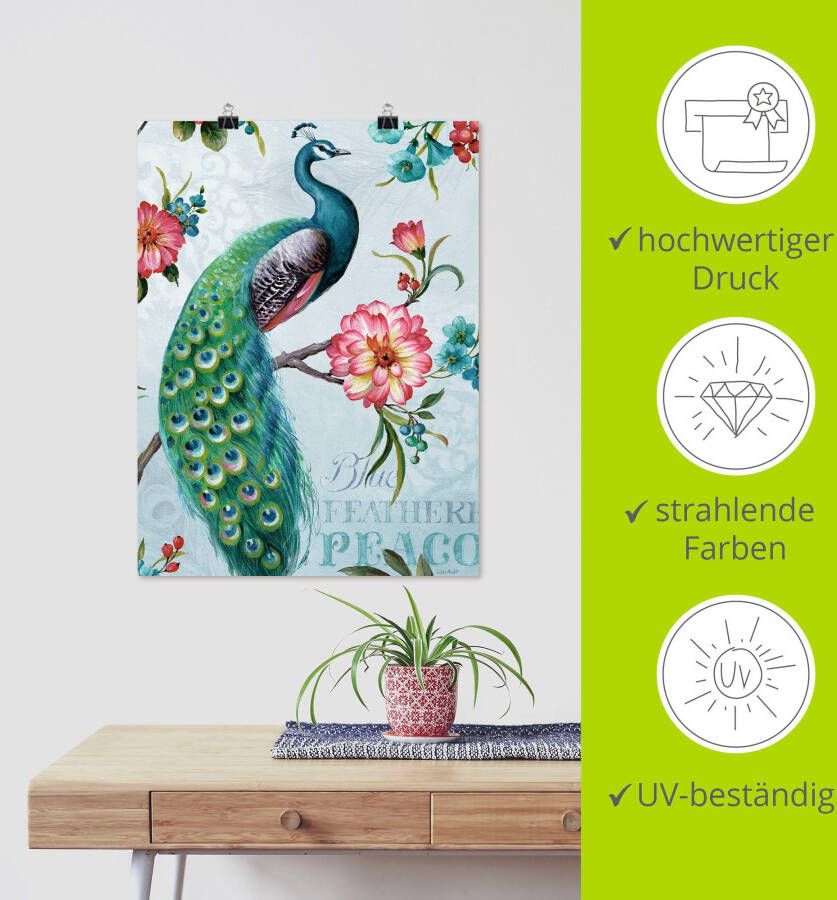 Artland Artprint Blauw gevederde pauw als artprint op linnen poster muursticker in verschillende maten