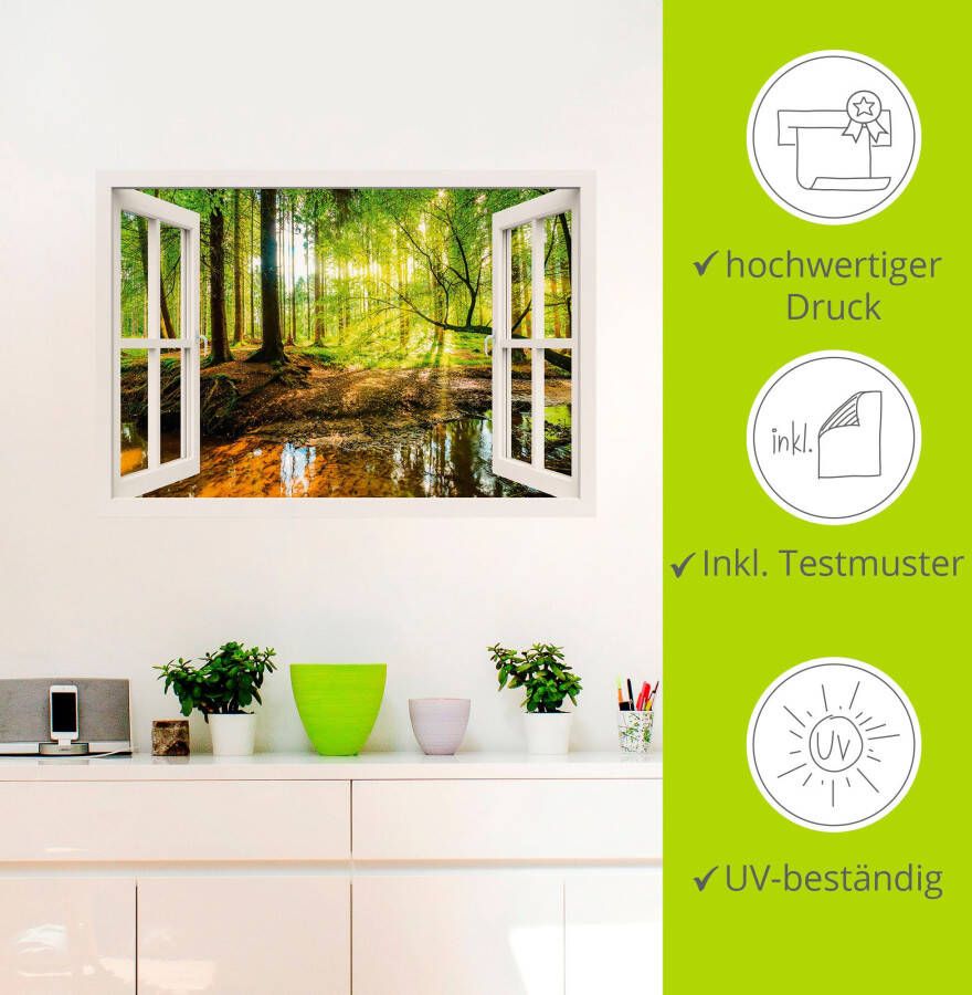 Artland Artprint Blik uit het venster bos met beek als artprint op linnen poster muursticker in verschillende maten