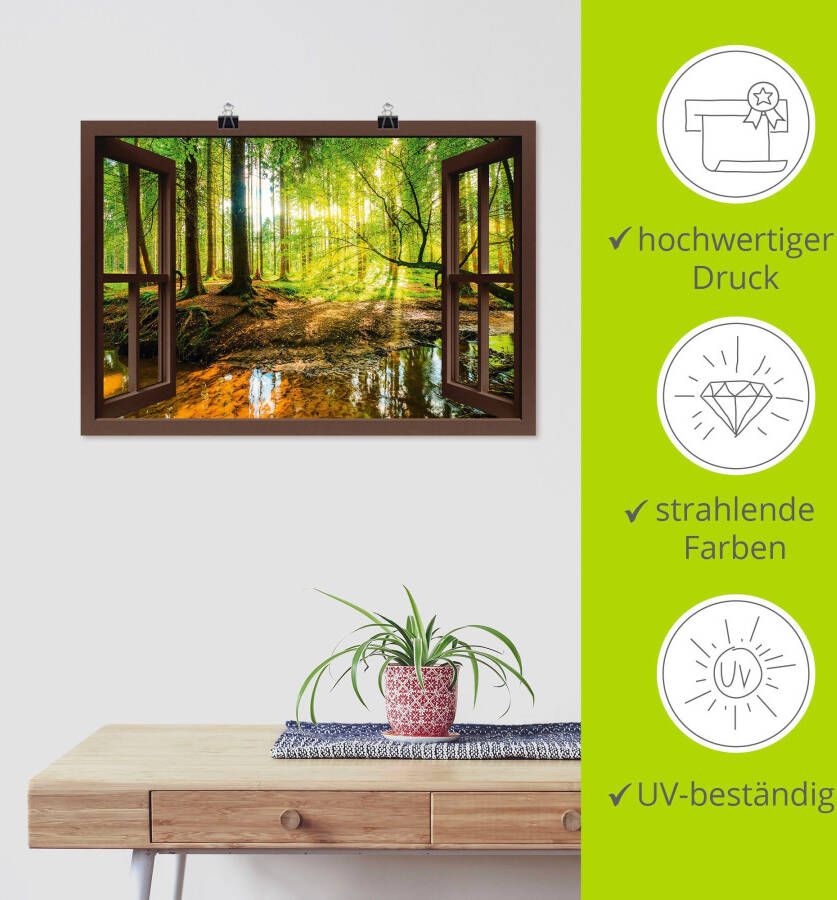 Artland Artprint Blik uit het venster bos met beek als artprint op linnen poster muursticker in verschillende maten