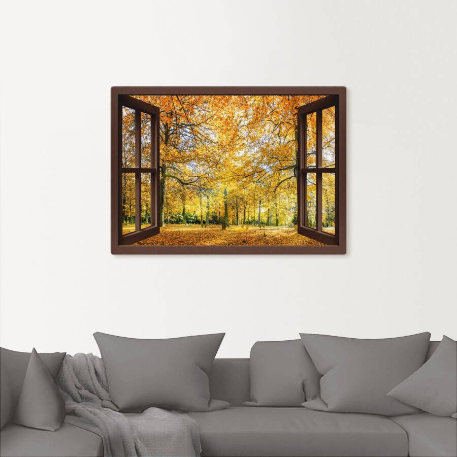 Artland Artprint Blik uit het venster herfstbos panorama als artprint op linnen poster muursticker in verschillende maten