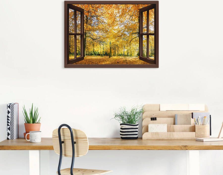 Artland Artprint Blik uit het venster herfstbos panorama als artprint op linnen poster muursticker in verschillende maten