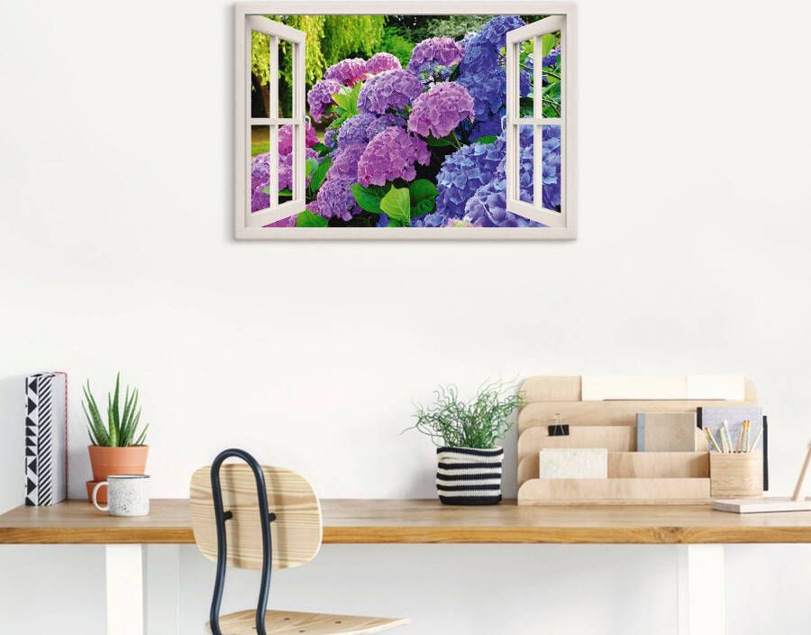 Artland Artprint Blik uit het venster hortensia's in de tuin als artprint op linnen poster in verschillende formaten maten