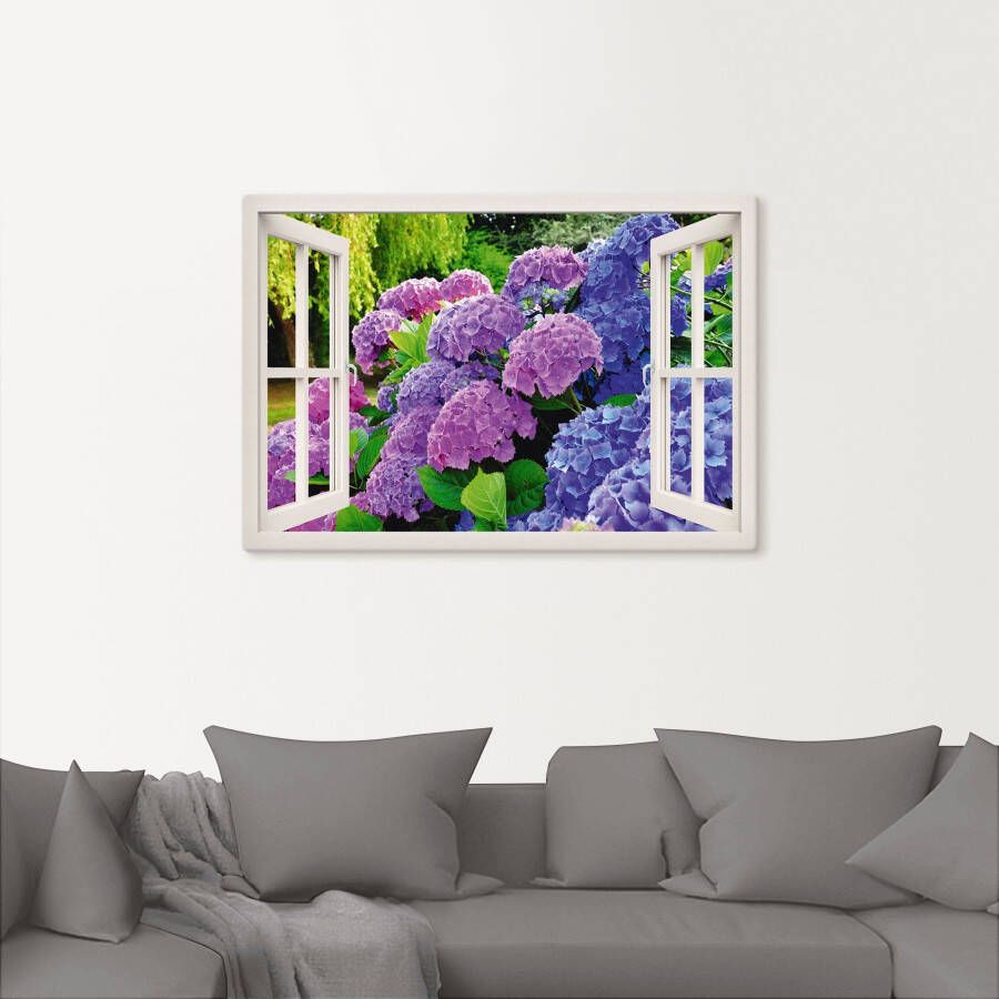 Artland Artprint Blik uit het venster hortensia's in de tuin als artprint op linnen poster in verschillende formaten maten