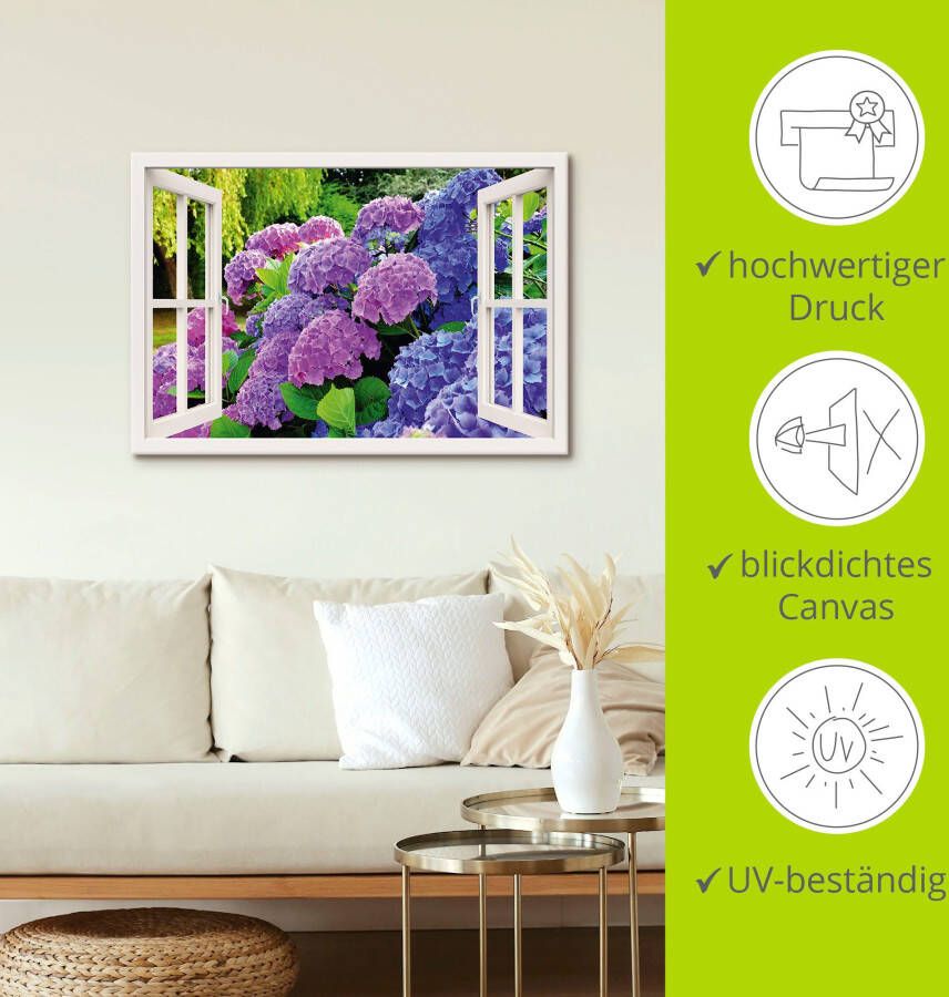 Artland Artprint Blik uit het venster hortensia's in de tuin als artprint op linnen poster in verschillende formaten maten