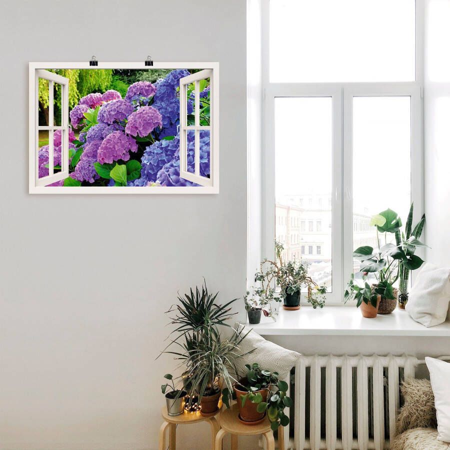 Artland Artprint Blik uit het venster hortensia's in de tuin als artprint op linnen poster in verschillende formaten maten