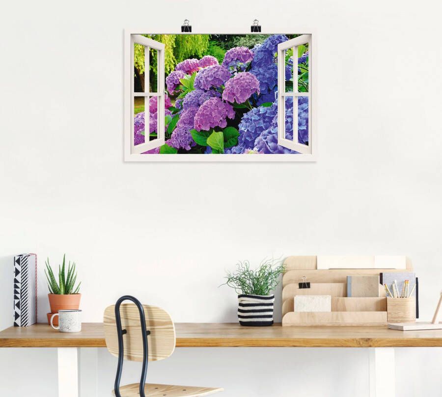 Artland Artprint Blik uit het venster hortensia's in de tuin als artprint op linnen poster in verschillende formaten maten