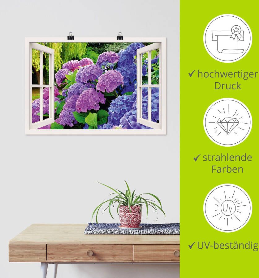 Artland Artprint Blik uit het venster hortensia's in de tuin als artprint op linnen poster in verschillende formaten maten