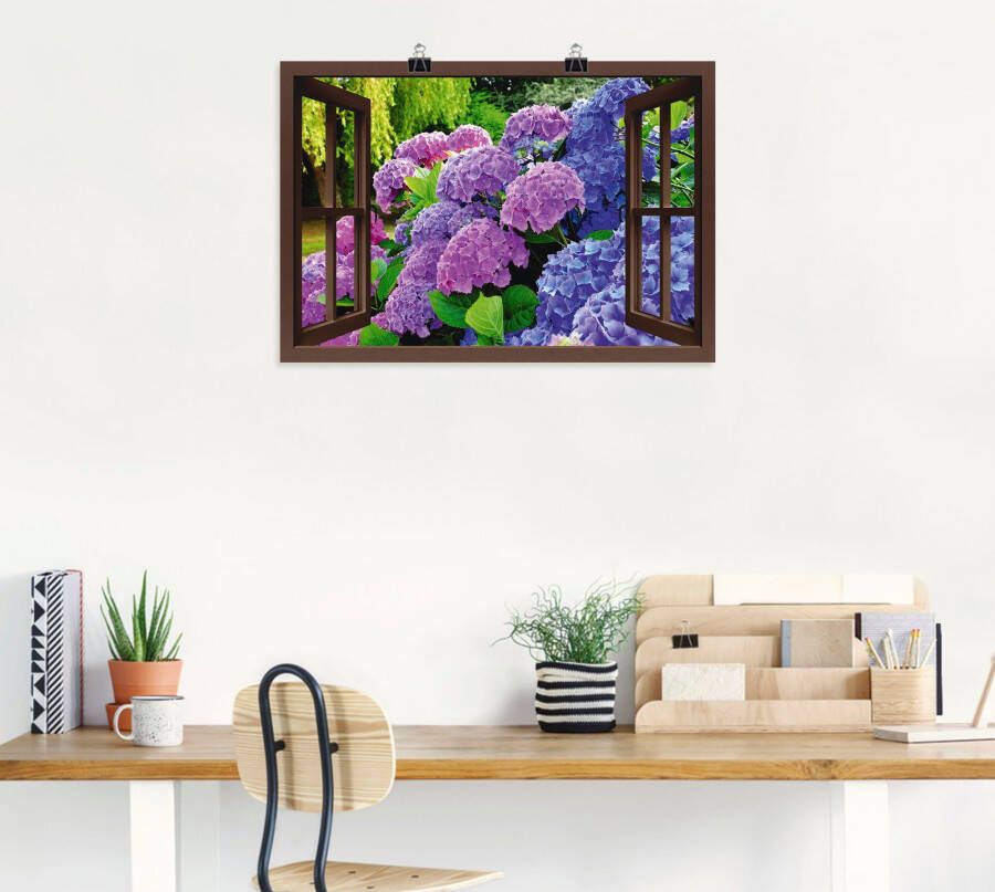 Artland Artprint Blik uit het venster hortensia's in de tuin als artprint op linnen poster in verschillende formaten maten