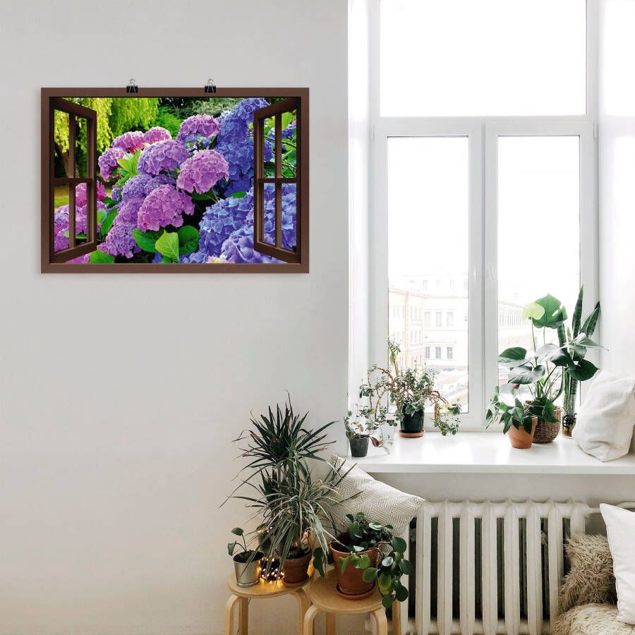 Artland Artprint Blik uit het venster hortensia's in de tuin als artprint op linnen poster in verschillende formaten maten