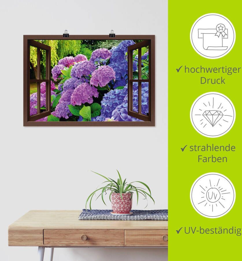 Artland Artprint Blik uit het venster hortensia's in de tuin als artprint op linnen poster in verschillende formaten maten