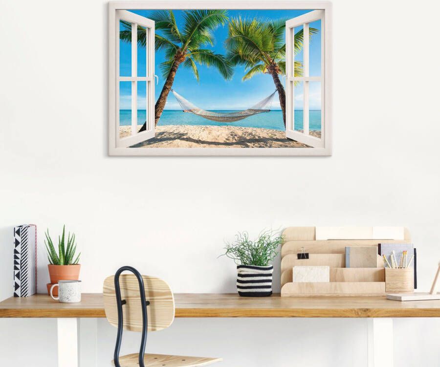 Artland Artprint Blik uit het venster palmenstrand Caribic als artprint van aluminium artprint voor buiten artprint op linnen poster muursticker