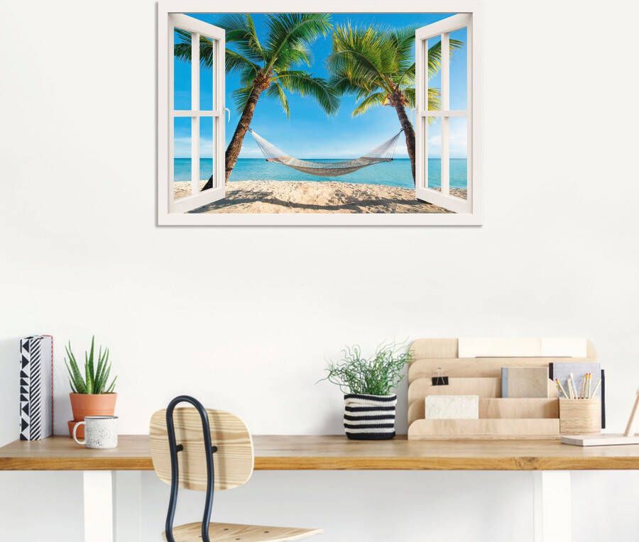 Artland Artprint Blik uit het venster palmenstrand Caribic als artprint van aluminium artprint voor buiten artprint op linnen poster muursticker