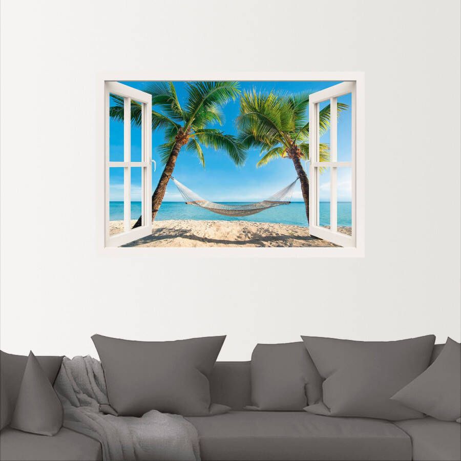 Artland Artprint Blik uit het venster palmenstrand Caribic als artprint van aluminium artprint voor buiten artprint op linnen poster muursticker