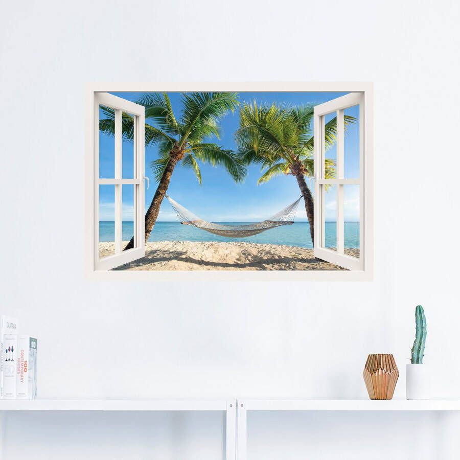 Artland Artprint Blik uit het venster palmenstrand Caribic als artprint van aluminium artprint voor buiten artprint op linnen poster muursticker