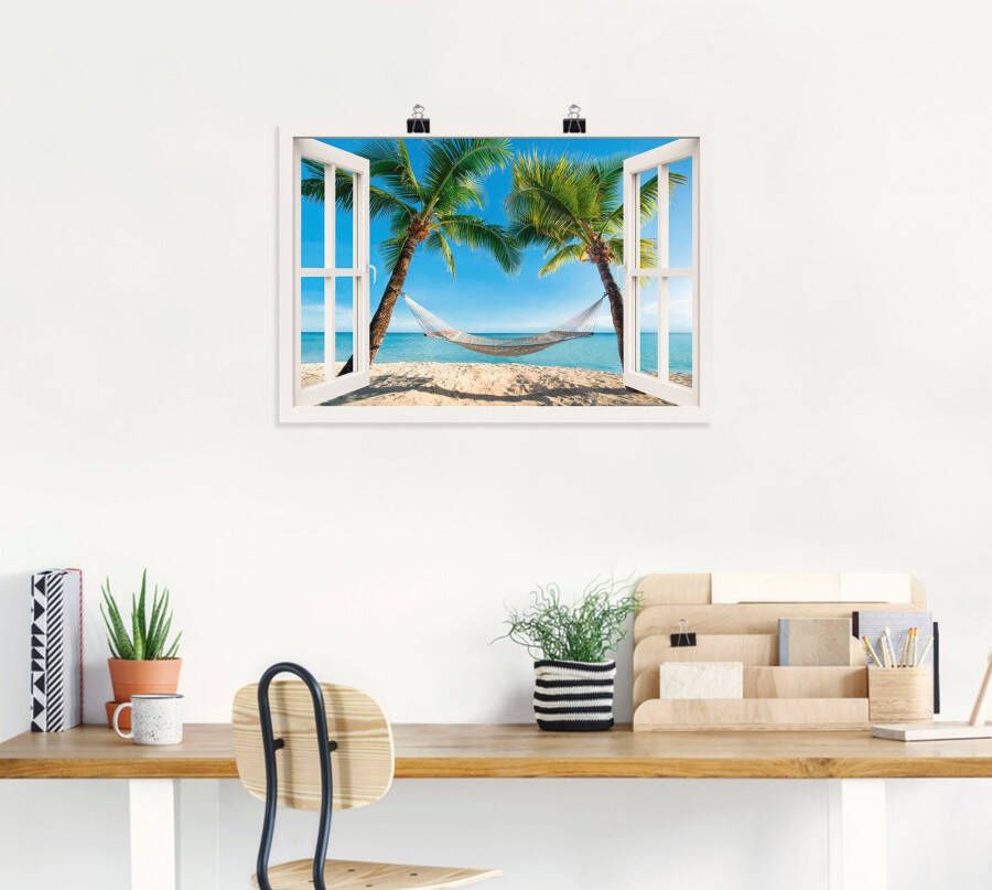 Artland Artprint Blik uit het venster palmenstrand Caribic als artprint van aluminium artprint voor buiten artprint op linnen poster muursticker