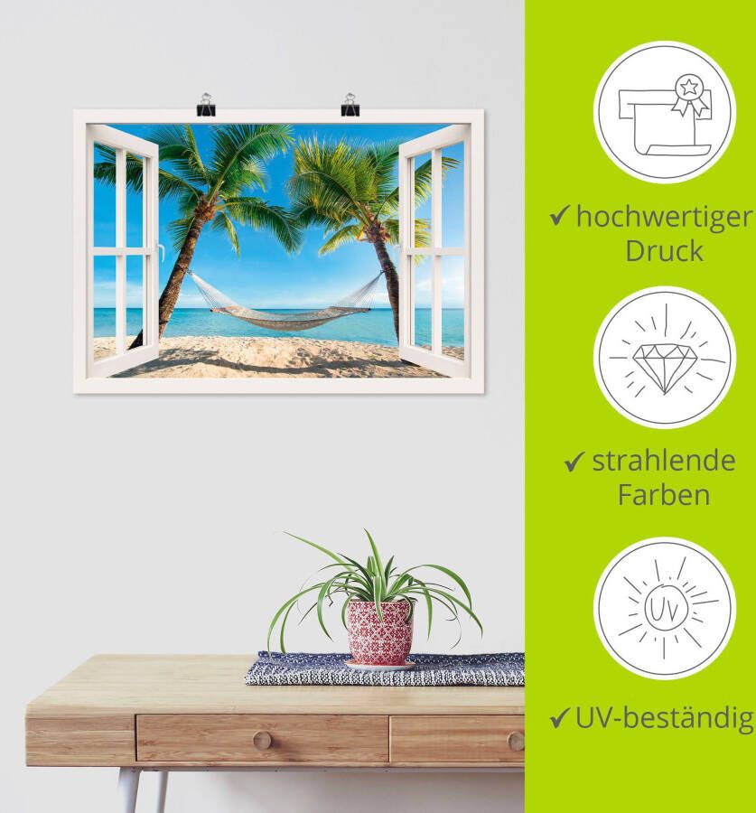 Artland Artprint Blik uit het venster palmenstrand Caribic als artprint van aluminium artprint voor buiten artprint op linnen poster muursticker