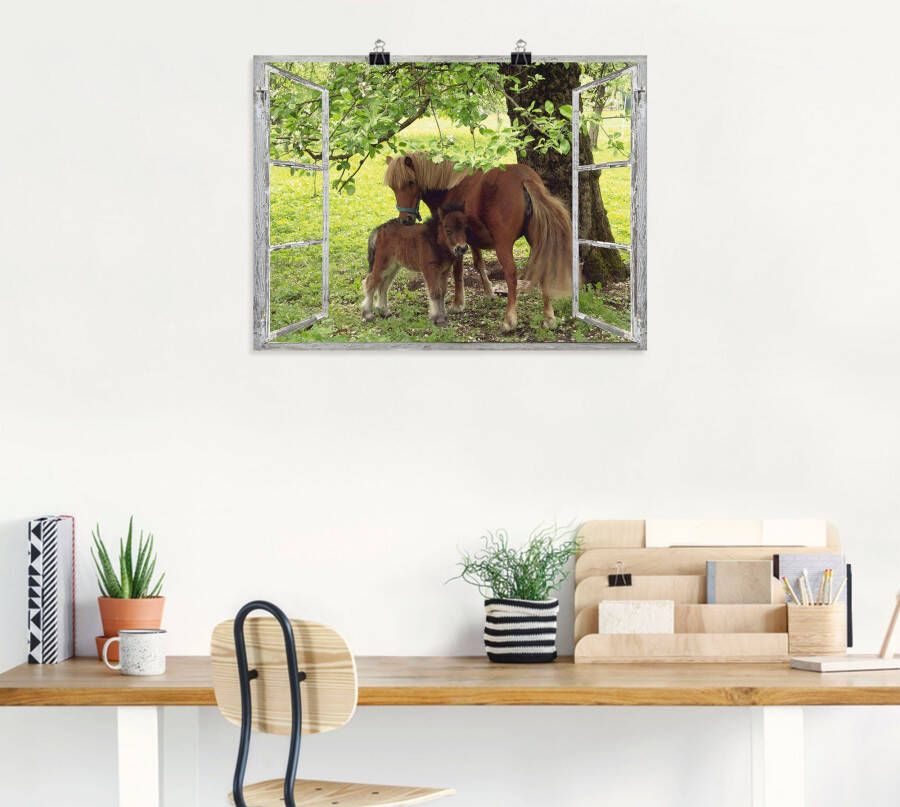 Artland Artprint Blik uit het venster pony met kind als artprint op linnen poster muursticker in verschillende maten