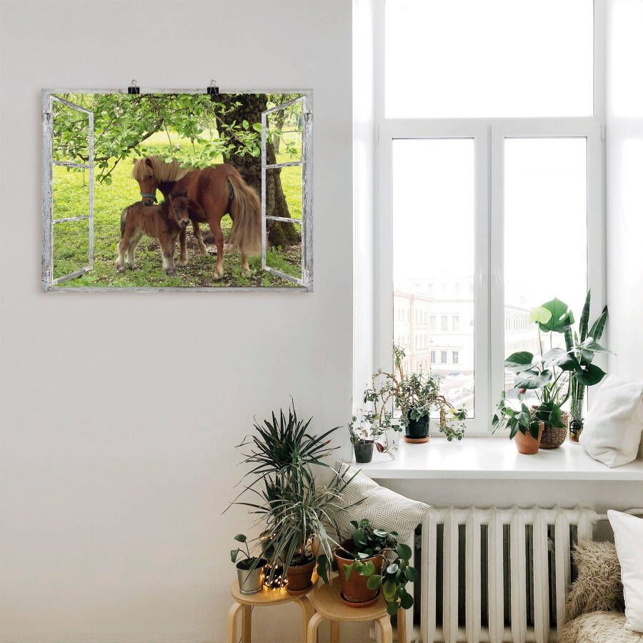 Artland Artprint Blik uit het venster pony met kind als artprint op linnen poster muursticker in verschillende maten