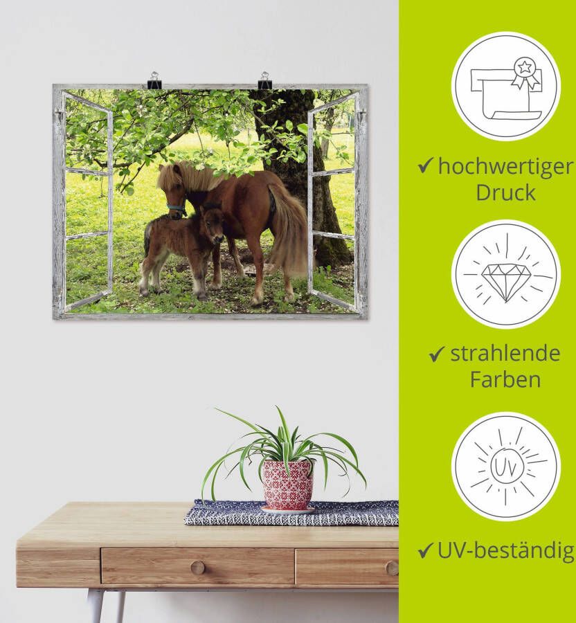 Artland Artprint Blik uit het venster pony met kind als artprint op linnen poster muursticker in verschillende maten