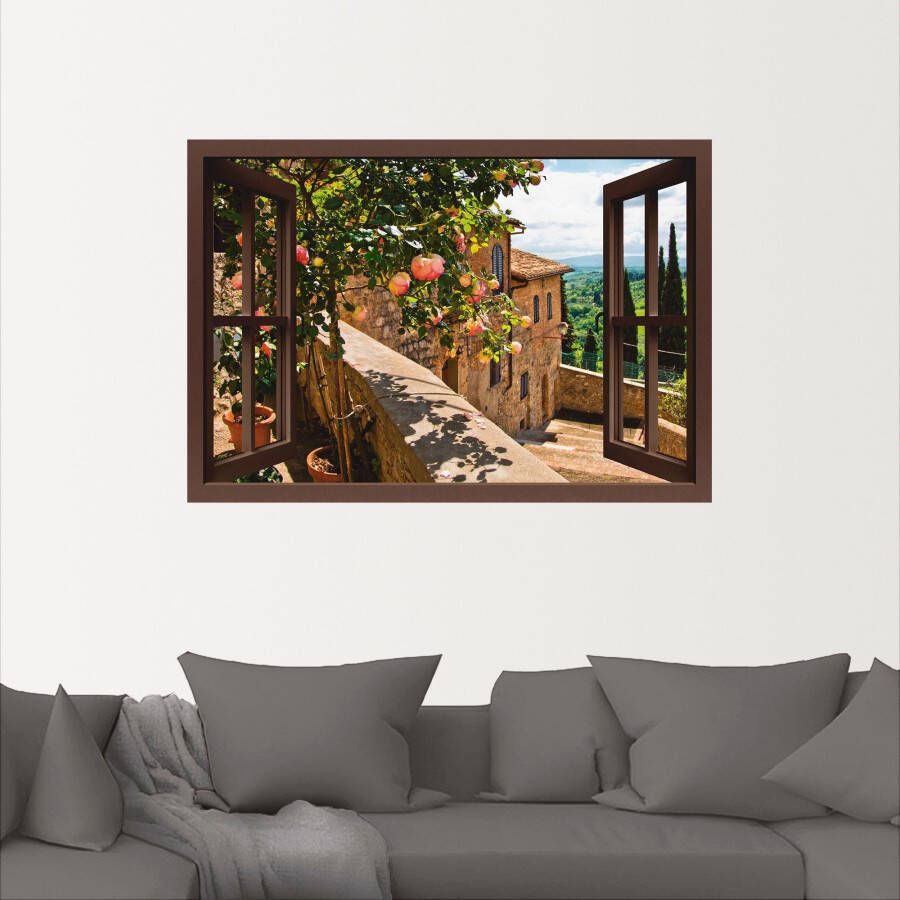 Artland Artprint Blik uit het venster rozen op balkon Toscane als artprint van aluminium artprint voor buiten artprint op linnen poster muursticker