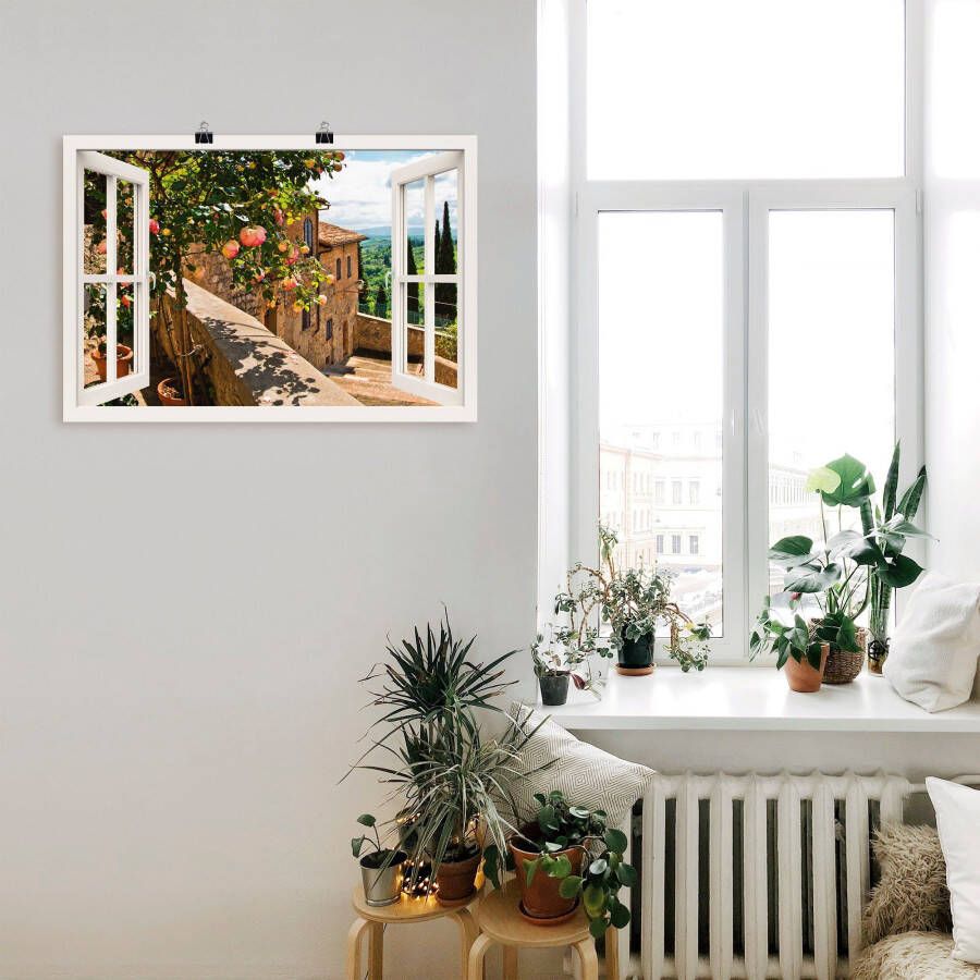 Artland Artprint Blik uit het venster rozen op balkon Toscane als artprint van aluminium artprint voor buiten artprint op linnen poster muursticker