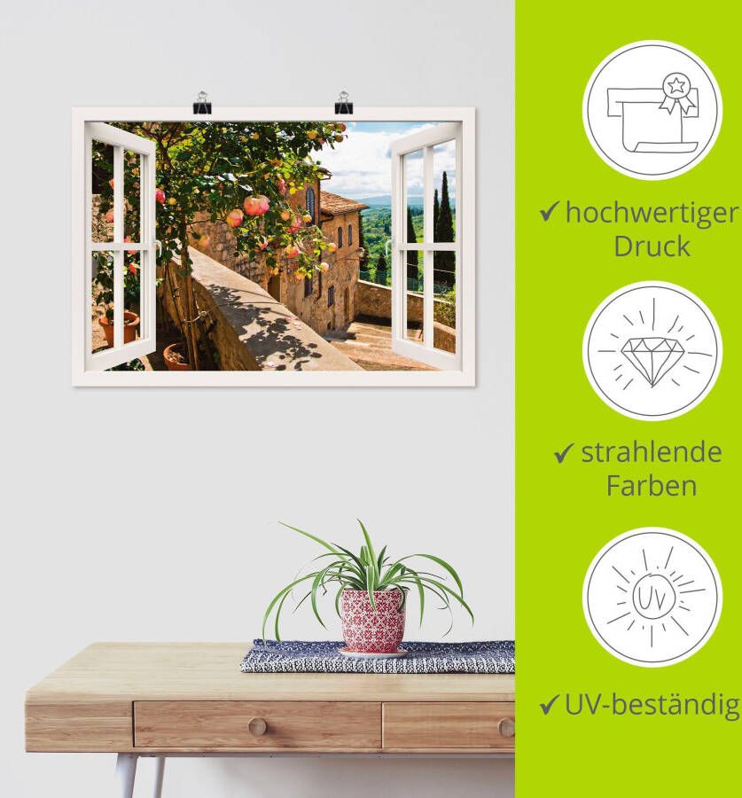 Artland Artprint Blik uit het venster rozen op balkon Toscane als artprint van aluminium artprint voor buiten artprint op linnen poster muursticker